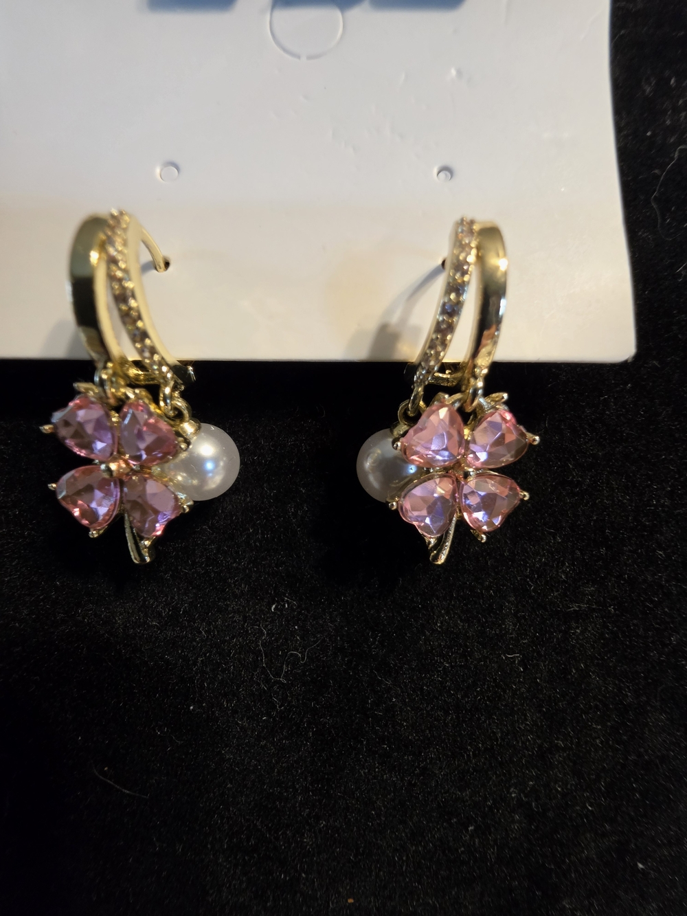 #1412. Gold-Tone Pink Crystal Flower Drop Earrings with Faux Pearl Accent
